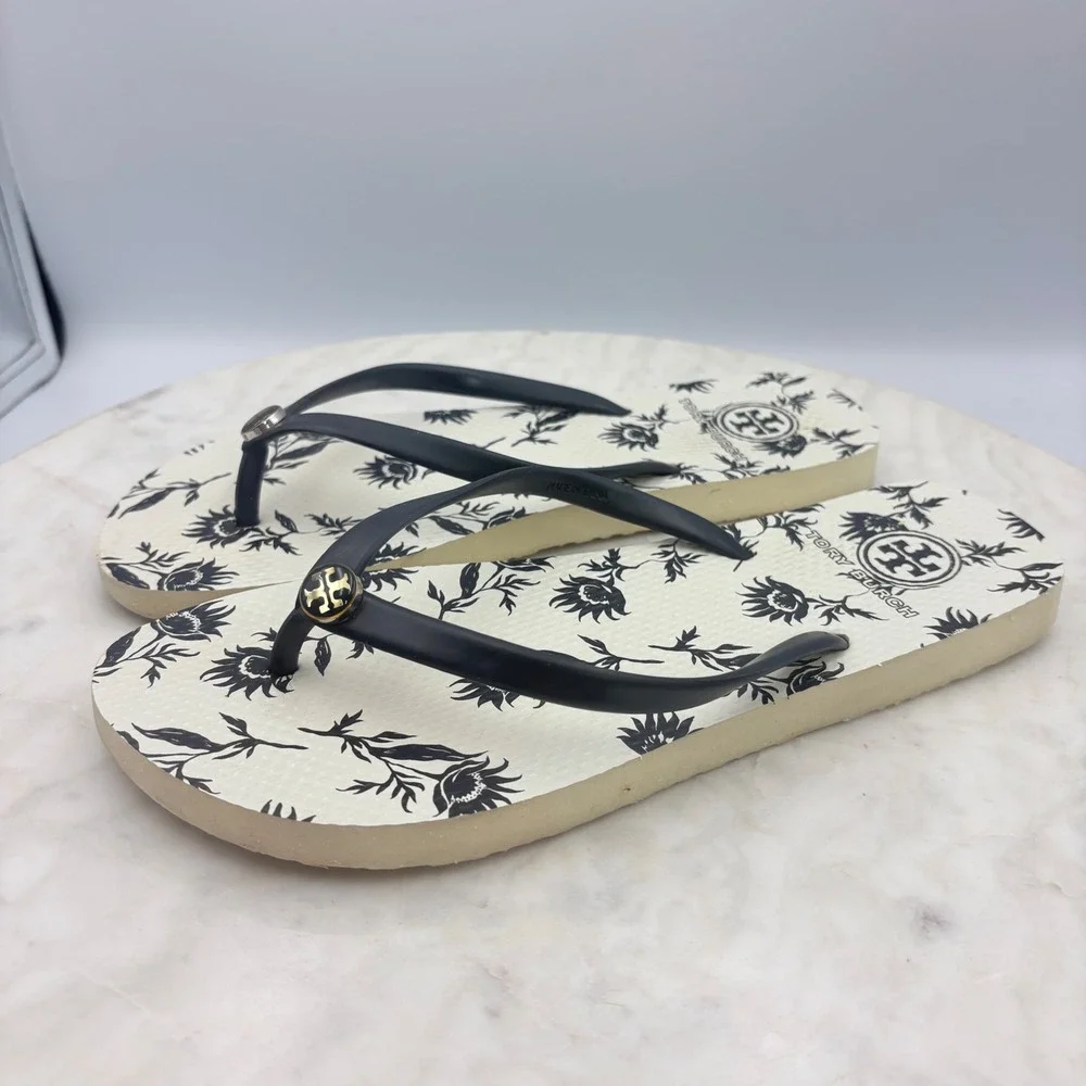 Tory Burch Flip Flops Women Size‎ 9 Navy Blue Floral Logo Sandals Resort Beach
